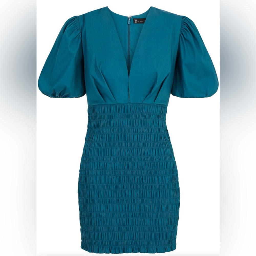 New York & Company Teal Puff-Sleeve Smocked Mini Dress Size 2XL